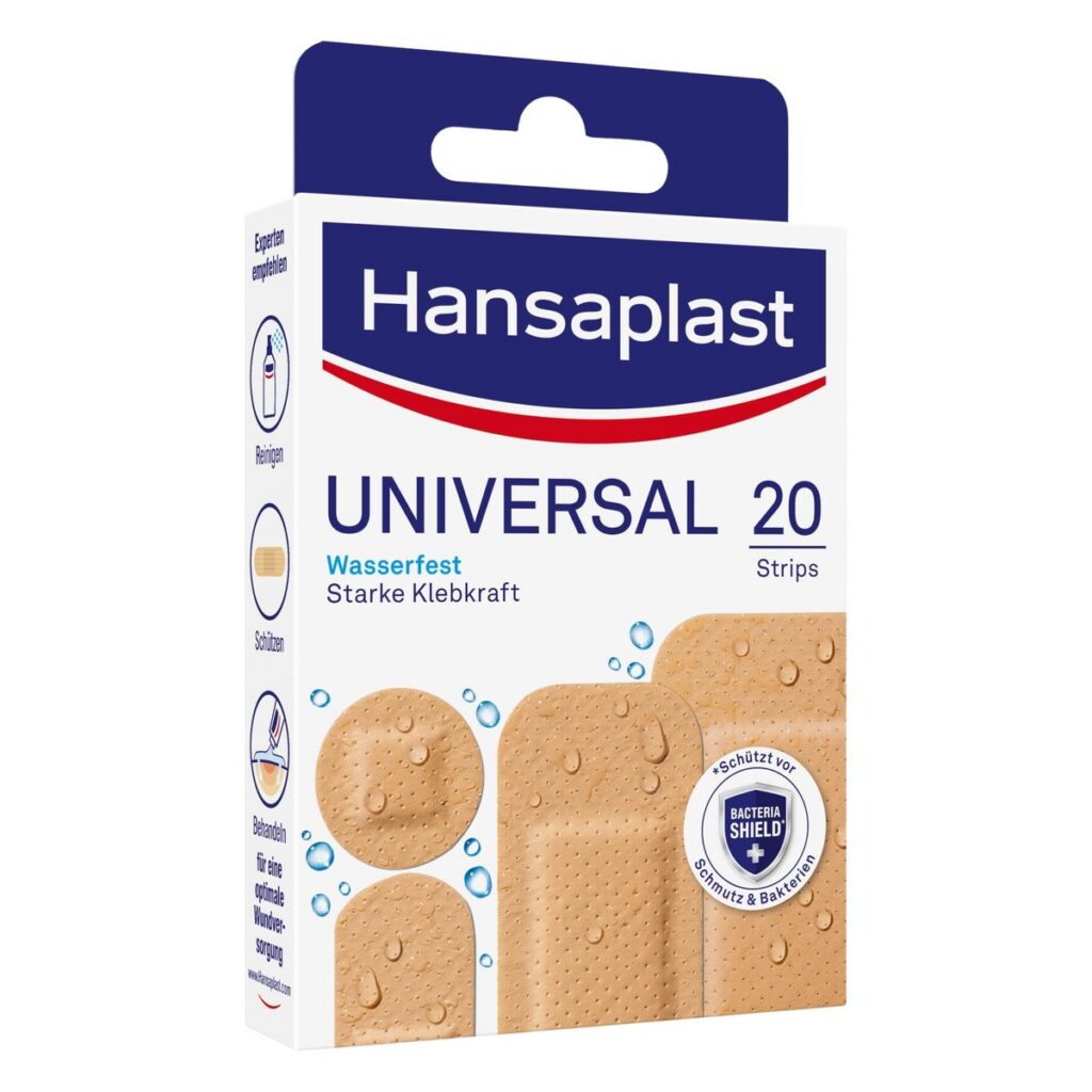 Hansaplast Universal Water Resistant – vodeodolné náplasti s absorpčným vankúšikom, 20 ks